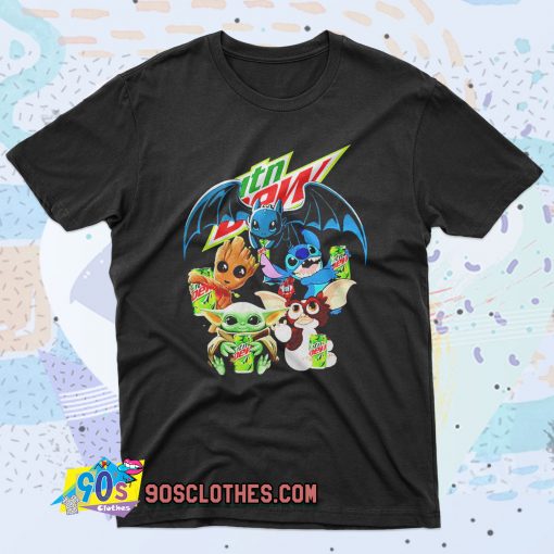 Baby Yoda Groot Stitch Toothless hugging Mtn Dew 90s T Shirt Style