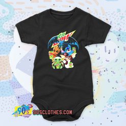 Baby Yoda Groot Stitch Toothless hugging Mtn Dew Baby Onesie