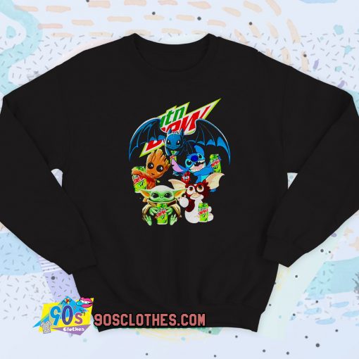 Baby Yoda Groot Stitch Toothless hugging Mtn Dew Sweatshirt Style