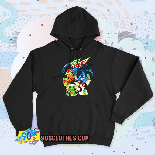 Baby Yoda Groot Stitch Toothless hugging Mtn Dew Vintage Hoodie