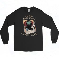 Cat Not Anti Social Anti Stupid Vintage 90s Long Sleeve Shirt