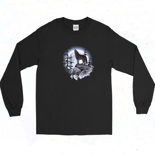 Wolf Howling at the Moon Vintage Long Sleeve Shirt