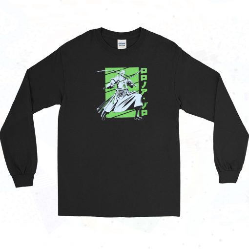 Zoro Posed on Green Kanji Long Sleeve Shirt