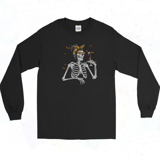 Women Skeleton Skull Drinking Red Wine Long Sleeve Shirt