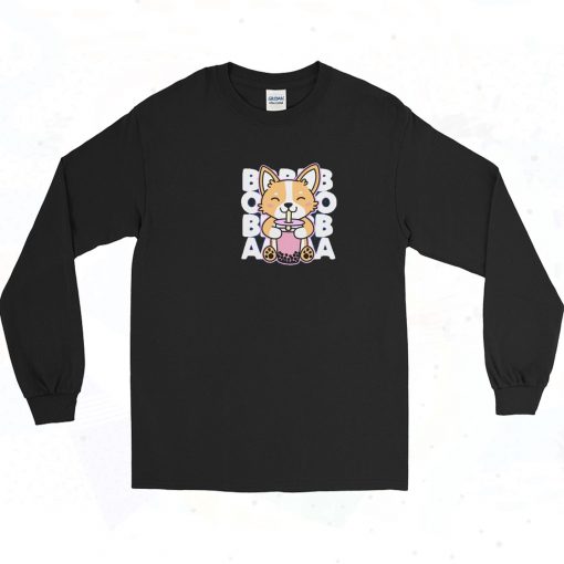 Corgi Drinking Boba Tea Cute 90s Long Sleeve Shirt