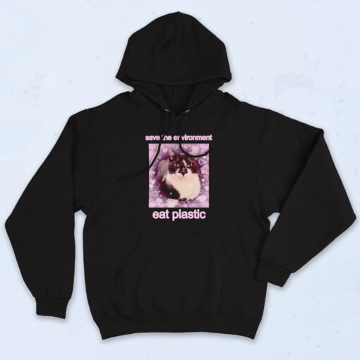 Save The Environment Eat Plastic Cute Cat Lover Vintage Graphic Hoodie